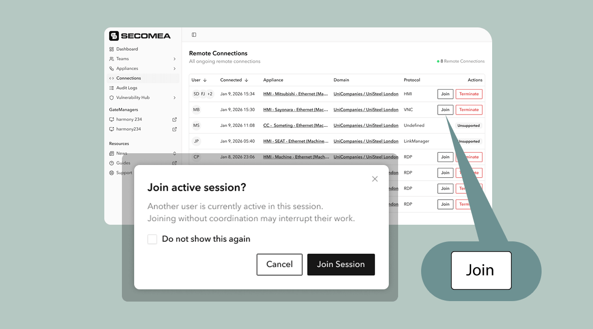 Secomea Prime interface showing the Joint Session feature, where users can join an active OT remote access session in real time for collaboration and oversight.